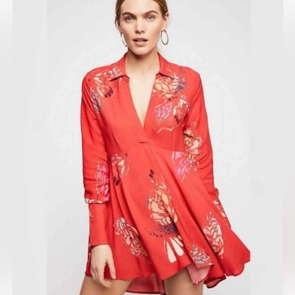 Free People Field of Butterflies Oversized Red Orange Long Sleeve Tunic size S - Picture 2 of 13